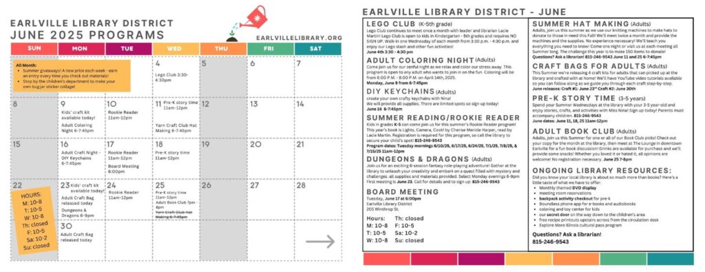 Calendar of library events for June 2025