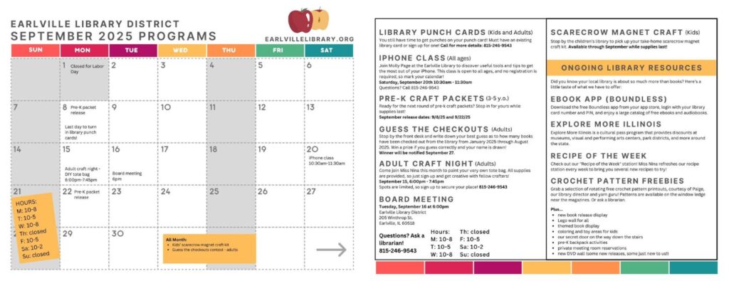 calendar of library event for August 2025