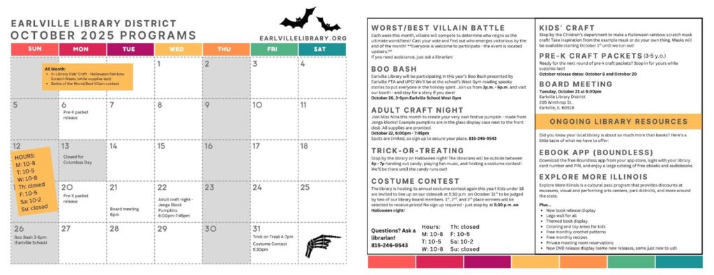Calendar listing the library's events for October 2025