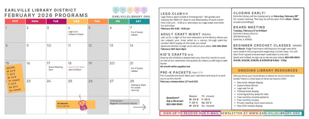 Calendar listing library events for February 2026
