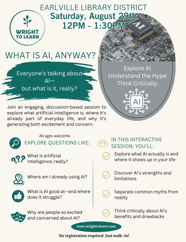 Flyer for "What is AI, Anyway?" presented by Wright to Learn at Earlville Library District on Saturday, August 29th, 12PM - 1:30PM. Features event details, topics covered, and attendance info. Long Alt Text / Image Description (Ideal for full accessibility descriptions): Promotional flyer for an event titled "WHAT IS AI, ANYWAY?" presented by Wright to Learn and hosted by Earlville Library District. Event Details: Saturday, August 29th from 12:00 PM to 1:30 PM at Earlville Library District. No registration required; walk-ins and all ages welcome. Overview: A discussion-based session exploring what artificial intelligence is, where it’s already used in everyday life, and why it generates excitement and concern. Questions Explored: What is artificial intelligence, really? Where am I already using AI? What is AI good at—and where does it struggle? Why are people so excited and concerned about AI? Session Highlights: Learn what AI actually is, discover its strengths and limitations, separate common myths from reality, and think critically about its benefits and drawbacks. Website: www.wrighttolearn.com